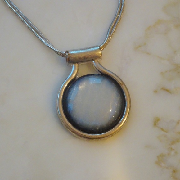 Silver Plated Faux Moonstone Pendant Double Snake Chain Boho Glam Necklace - Picture 3 of 8